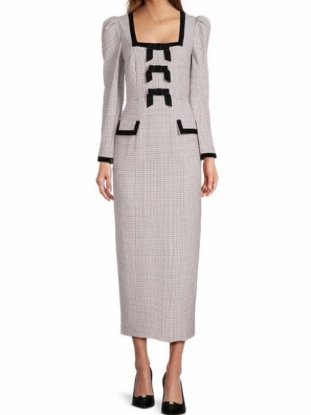 ANTONIO MELANI Houndstooth Long-Sleeve Midi Dress with Black Trim
